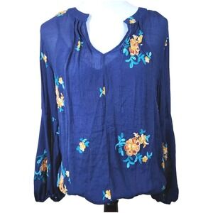 Anthropologie Figueroa Flower Embroidered Top Sz Large Blue Sheer Boho Festival